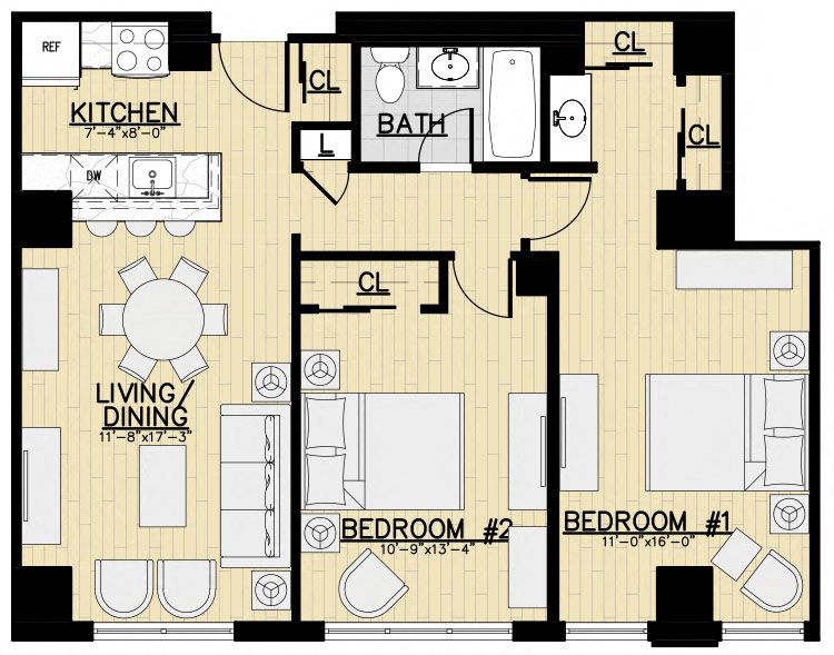 Floor plan for 2 beds, 1 bath, 889 sqft